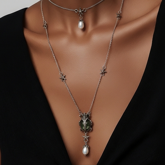 Jewelry - Layered Whimsigoth Scarab necklace With Pearl Detailing